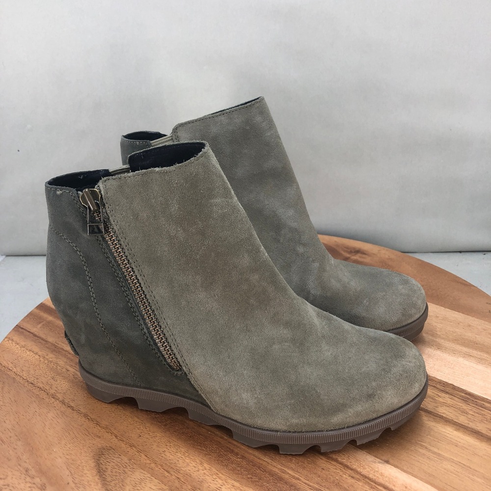 Sorel Women Green Suede Wedge Ankle Boots Side Zip Fashion Size 8.5